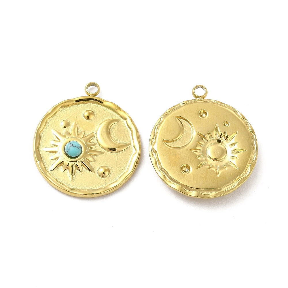 Natural Turquoise Pendants, Flat Round Charms with Moon & Star, with Vacuum Plating Real 18K Gold Plated 201 Stainless Steel