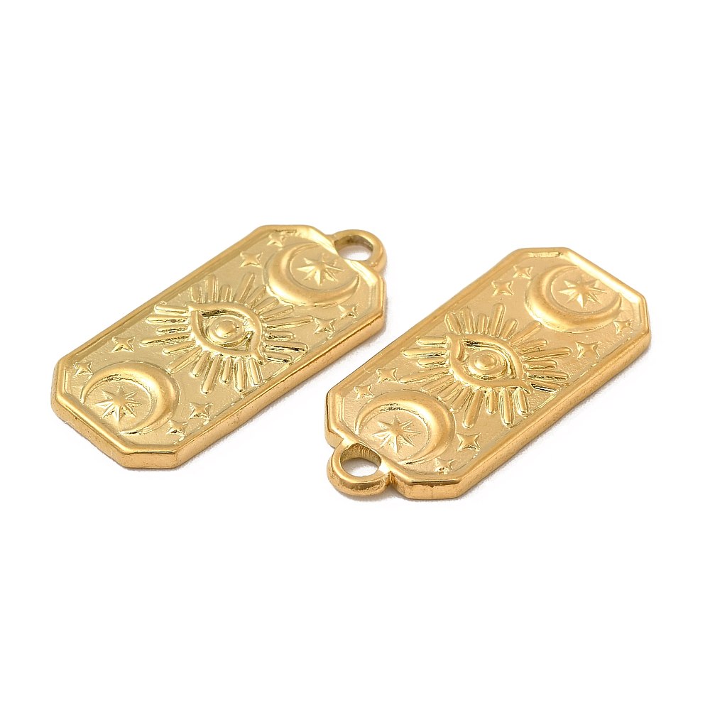 Ion Plating(IP) 304 Stainless Steel Pendants, Rectangle with Eye & Moon & Star Charm Gold 2pk