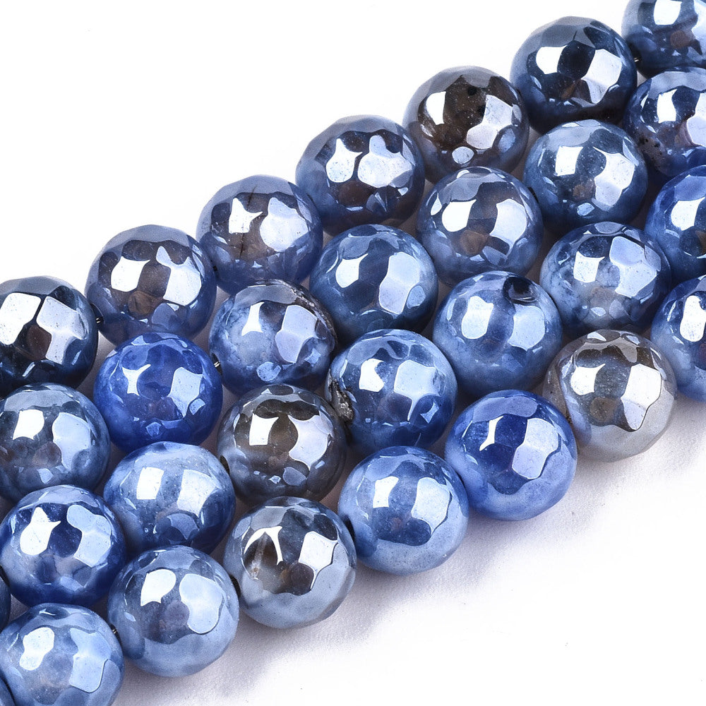 Electroplate Natural Agate Beads Strands, Dyed, Faceted, Pearl Luster Plated, Round, Cornflower Blue Size: about 8.5mm in diameter, 7~8mm