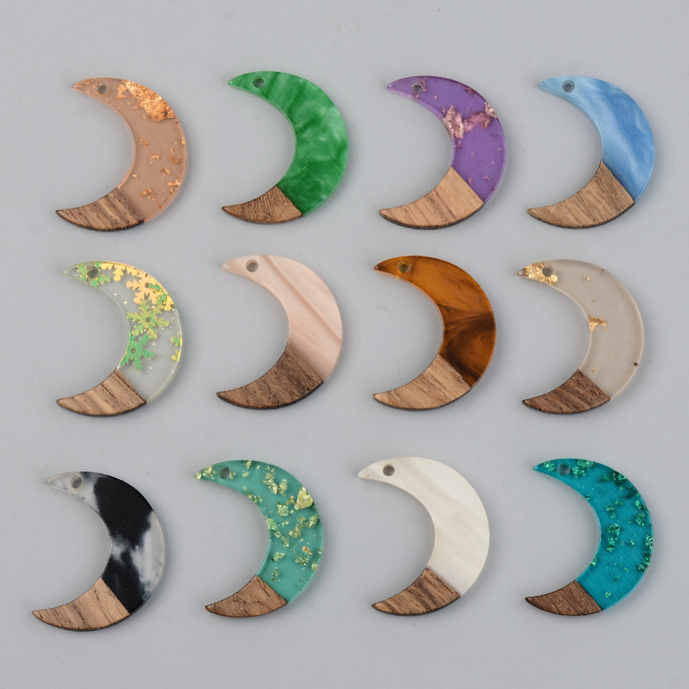 Resin & Walnut Wood Pendants, Moon, Mixed Color  4 pack
