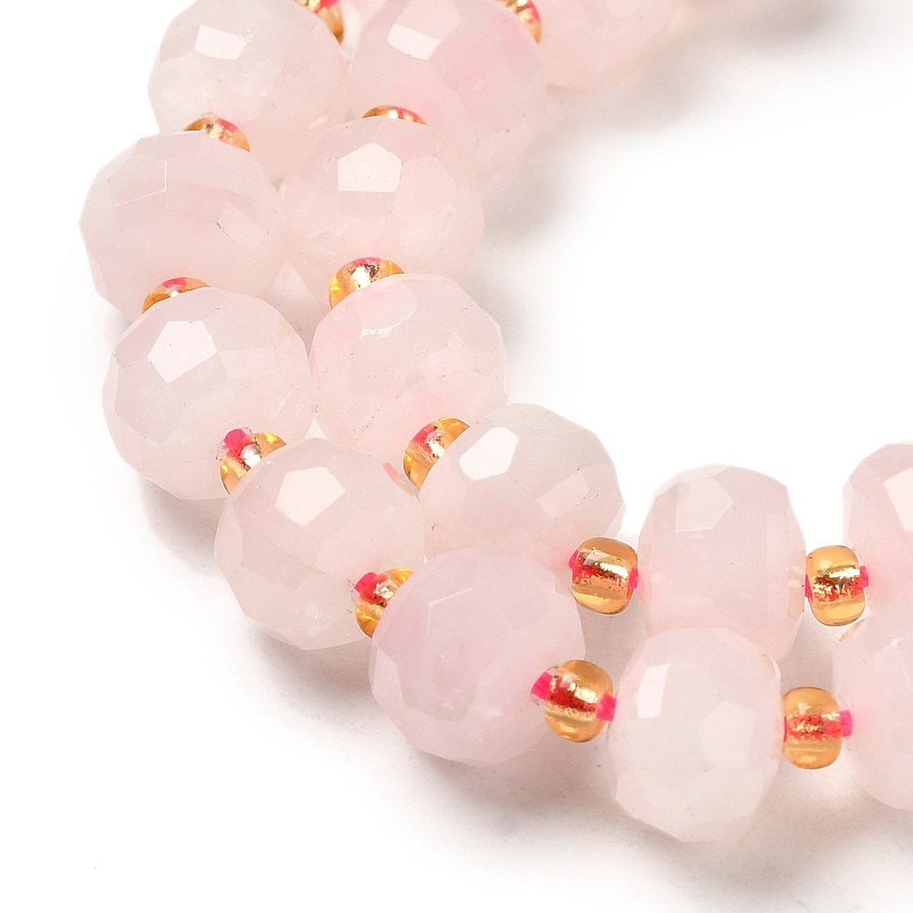 Natural Rose Quartz Beads Strands, with Seed Beads, Faceted Rondelle