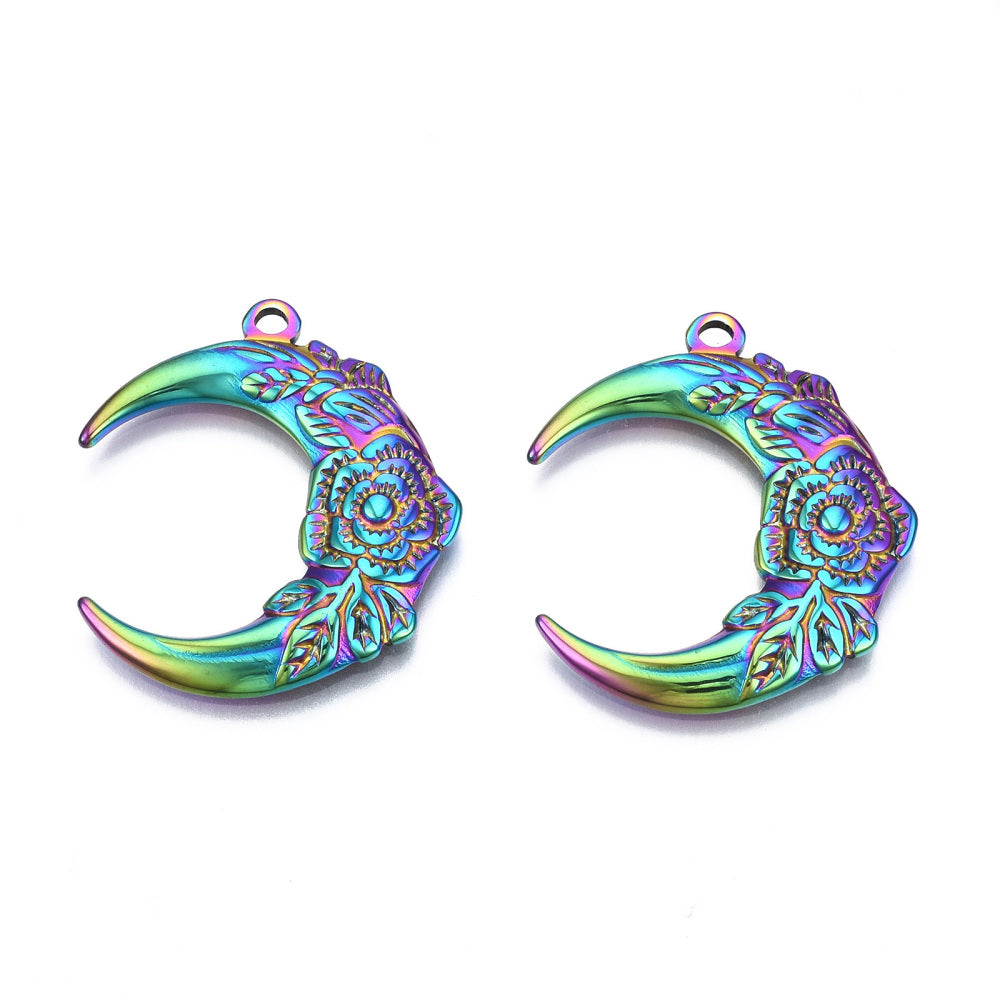 Ion Plating(IP) 201 Stainless Steel Pendants, Moon with Flower, Rainbow Color  2pack