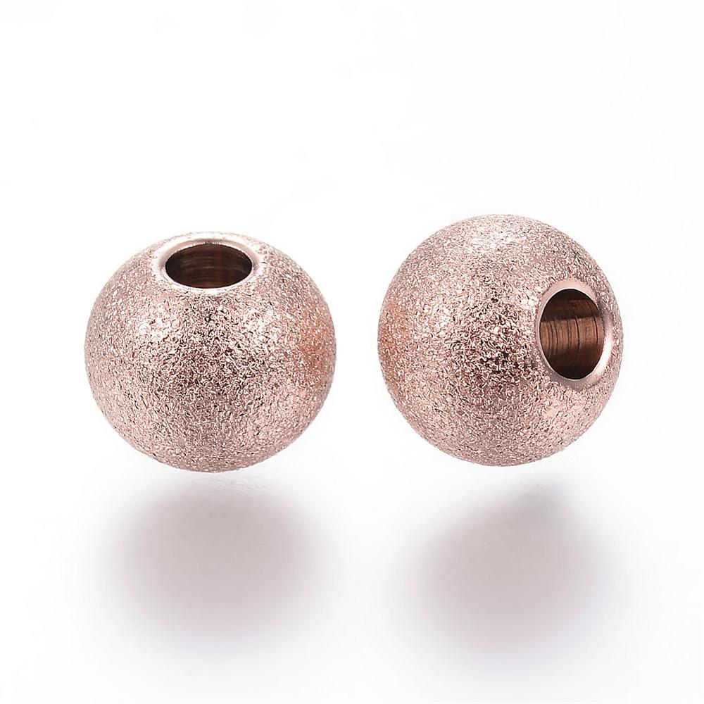 Ion Plating(IP) 201 Stainless Steel Textured Beads, Round, Rose Gold 8pkg