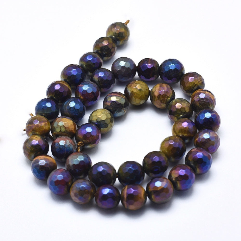 Electroplated Natural Tiger Eye Beads Strands, Round, Faceted, 8mm