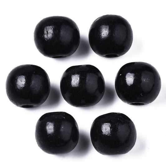 Spray Painted Natural Wood Beads, Macrame Beads Large Hole, Lead Free, Round, Black