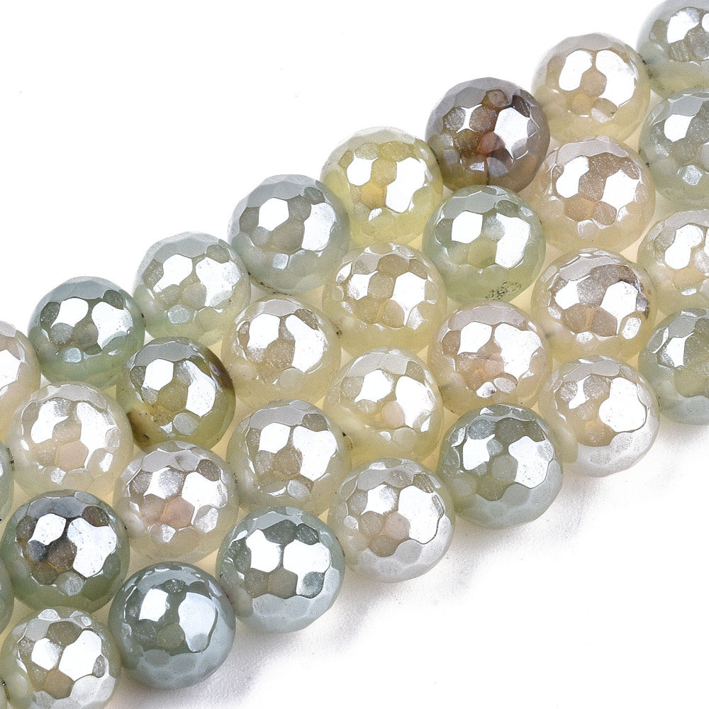 Electroplate Natural Agate Beads Strands, Dyed, Faceted, Pearl Luster Plated, Round, Honeydew Size: about 8.5mm