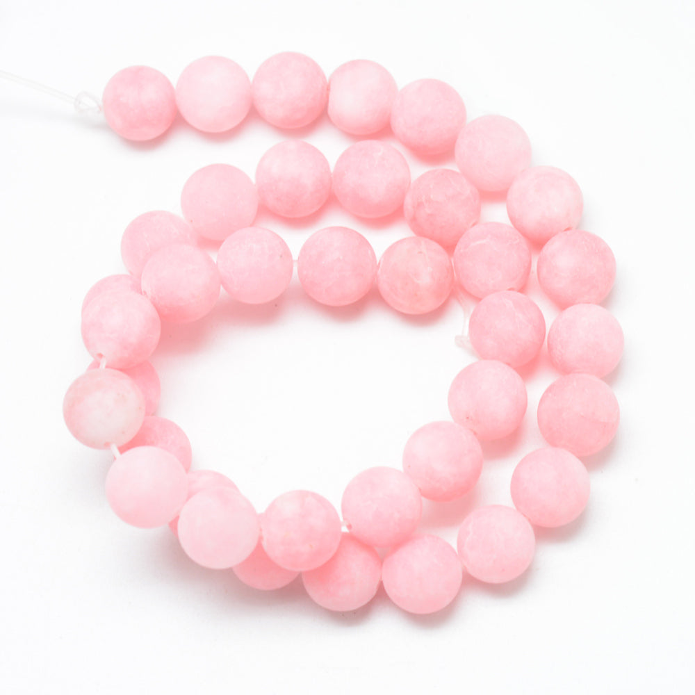 Natural White Jade Bead Strands, Dyed, Frosted, Round, Pearl Pink