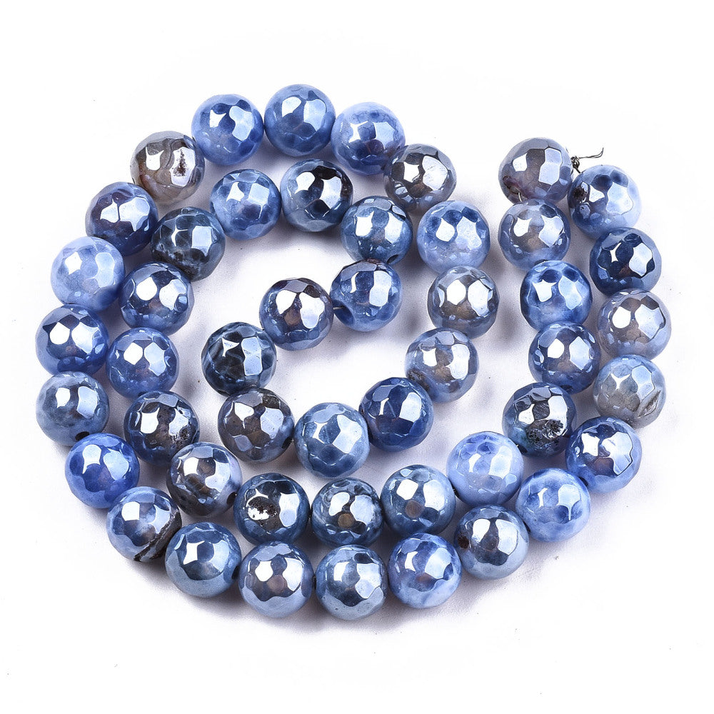 Electroplate Natural Agate Beads Strands, Dyed, Faceted, Pearl Luster Plated, Round, Cornflower Blue Size: about 8.5mm in diameter, 7~8mm