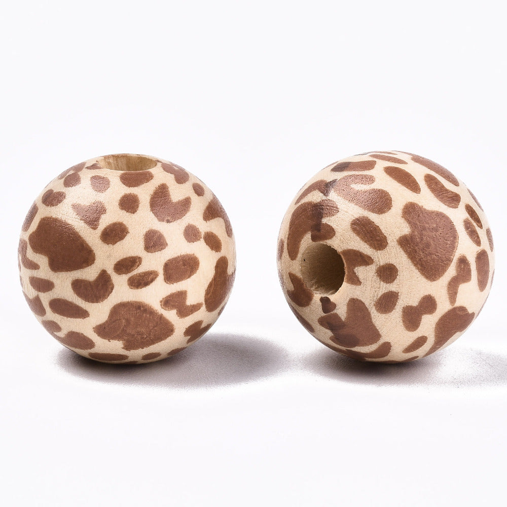Printed Natural Wooden Beads, Macrame Beads Large Hole, Round with Leopard Print Pattern, Peru