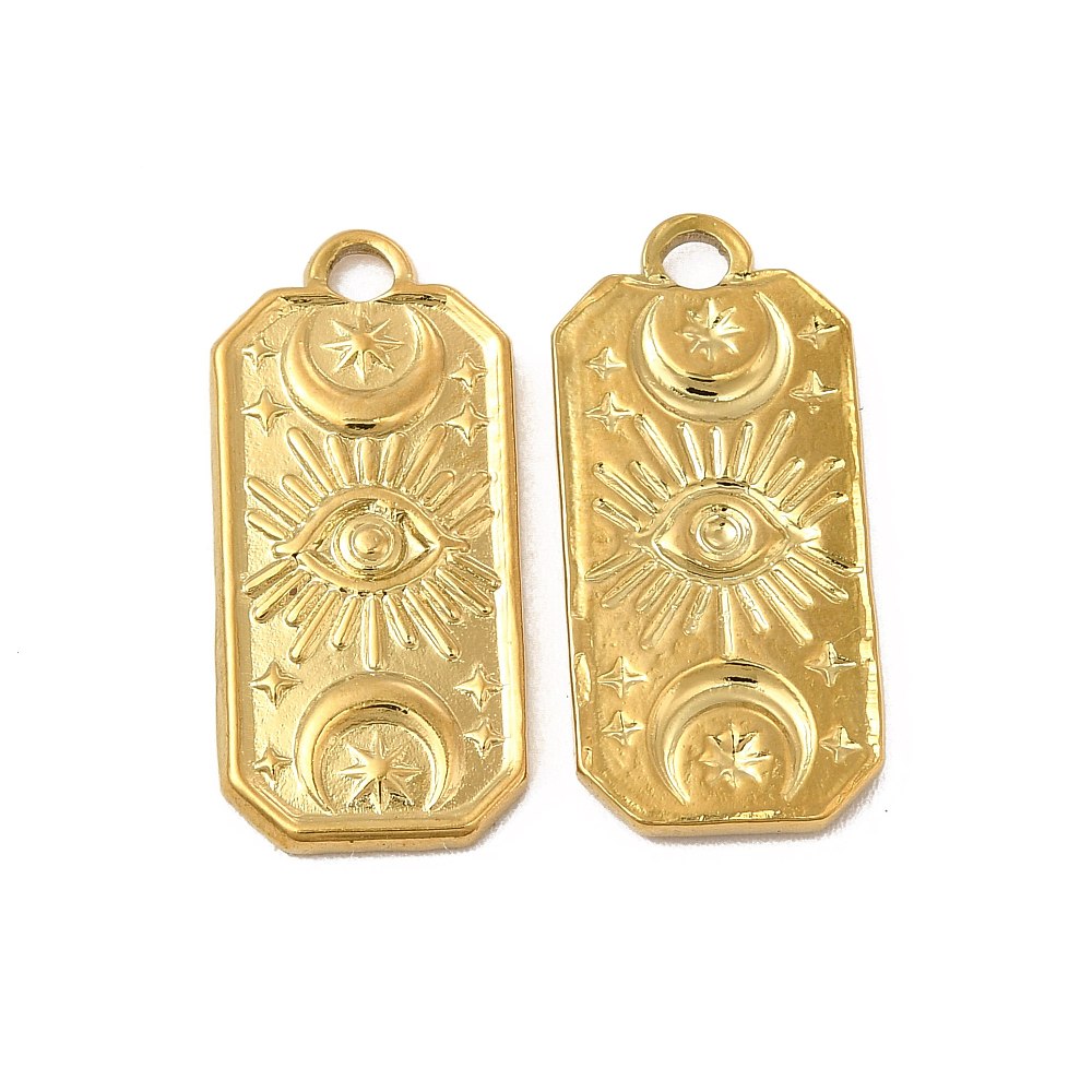 Ion Plating(IP) 304 Stainless Steel Pendants, Rectangle with Eye & Moon & Star Charm Gold 2pk