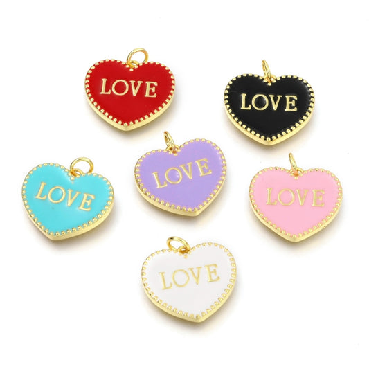 Brass Enamel Pendants, Long-Lasting Plated, Real 18K Gold Plated, with Jump Rings,  Heart with Word LOVE, Mixed Color 3 pack