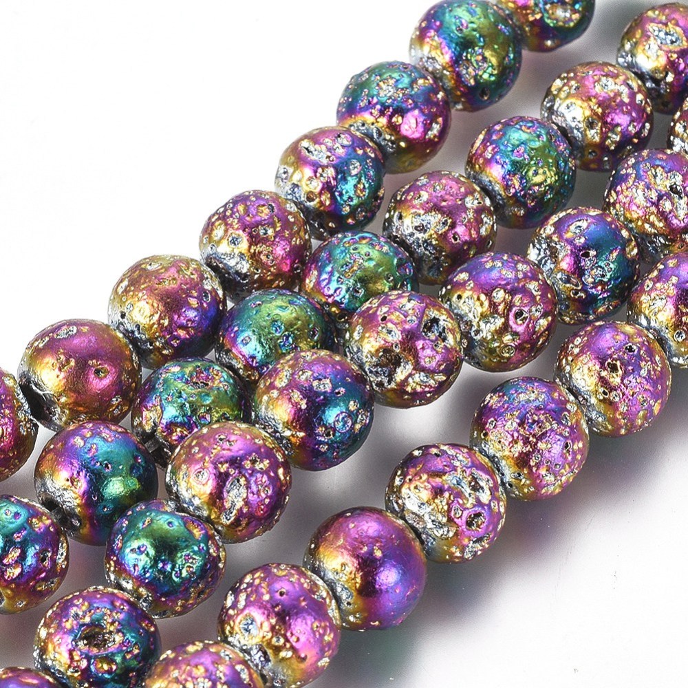 Electroplated Natural Lava Rock Beads Strands, Round, Multi-color Plated 8mm