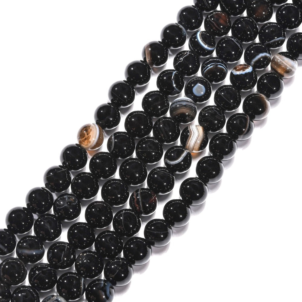 Natural Striped Agate/Banded Agate Beads Strands, Round, Dyed, Black 8mm
